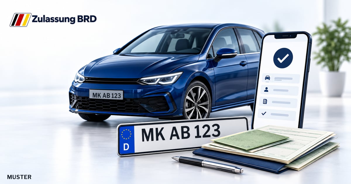 Online Fahrzeugzulassung in Halver: Musterkennzeichen MK AB 123, Auto und Fahrzeugpapiere und Smartphone. Illustration mit Logo von Zulassung BRD.